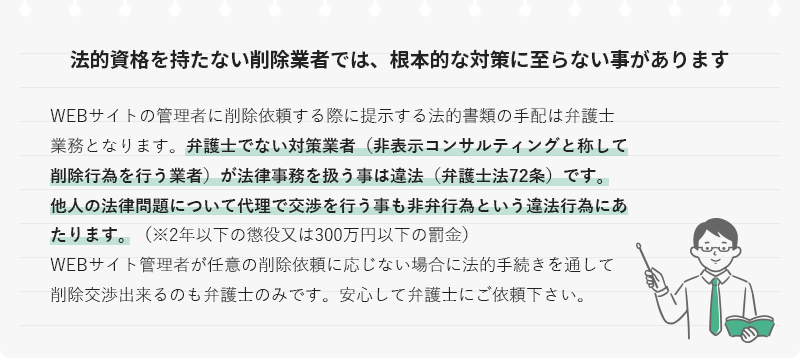 法的資格を持たない削除業者では、根本的な対策に至らない事があります